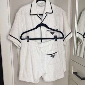 Prada Men’s White Terry Short Sleeve Shirt with Black Piping and Shorts Set